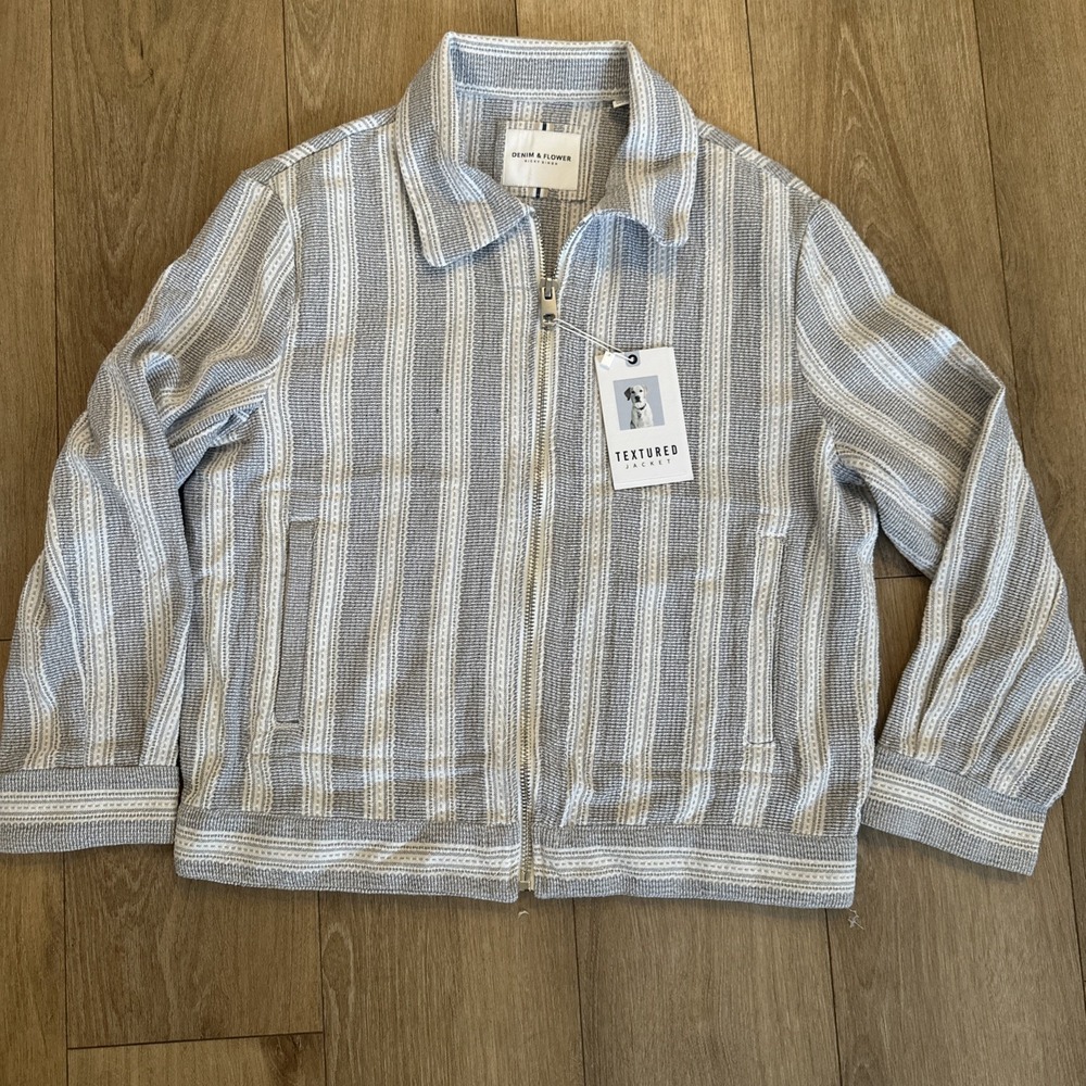 DENIM & FLOWER Men's Collar Full Zip‎ Textured Jacket Gray/White Lightweight NWT